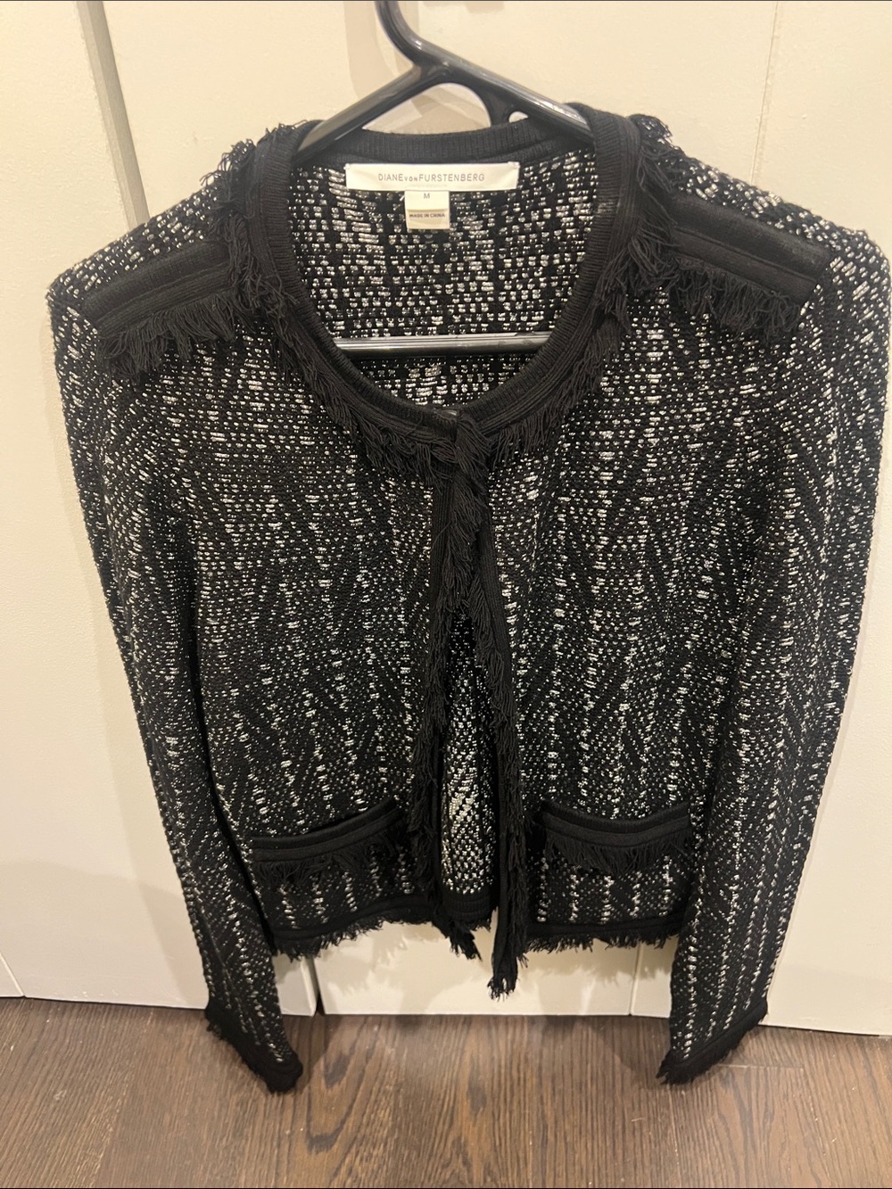 Diane Von Furstenberg Black and White Tweed Fringed Jacket- M. NWOT